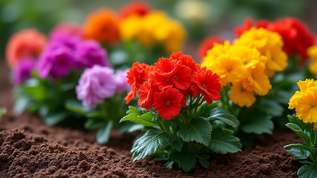 Freshly mulched flower bed with colorful plants