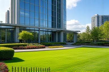 Well-maintained landscape in front of a commercial office building