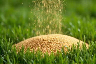 Spreading fertilizer granules on a lawn