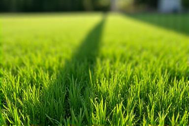 Close up of freshly cut green grass showing mower stripes