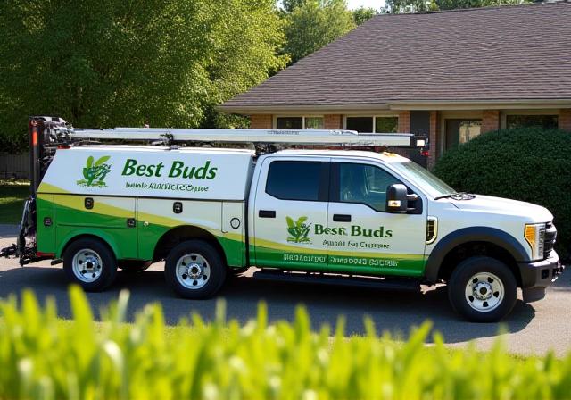 Best Buds Lawn Care branded truck and equipment trailer ready for service